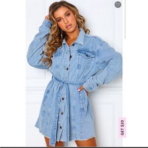 White Fox Boutique Belted Light Blue Jean Jacket Dress